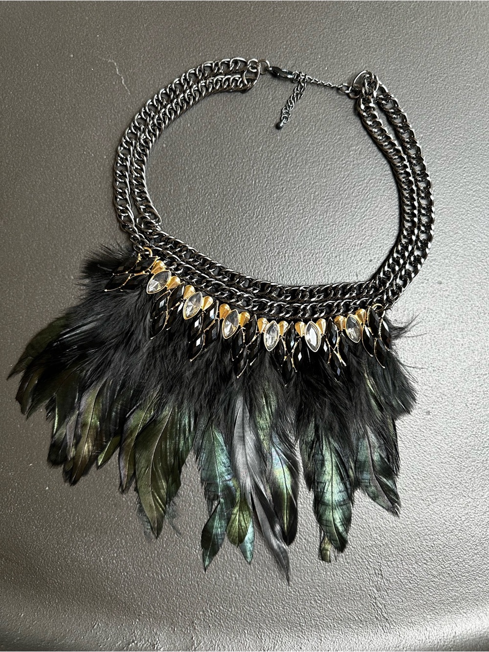 bebe Black Feather Necklace with Gold and Crystal Accents